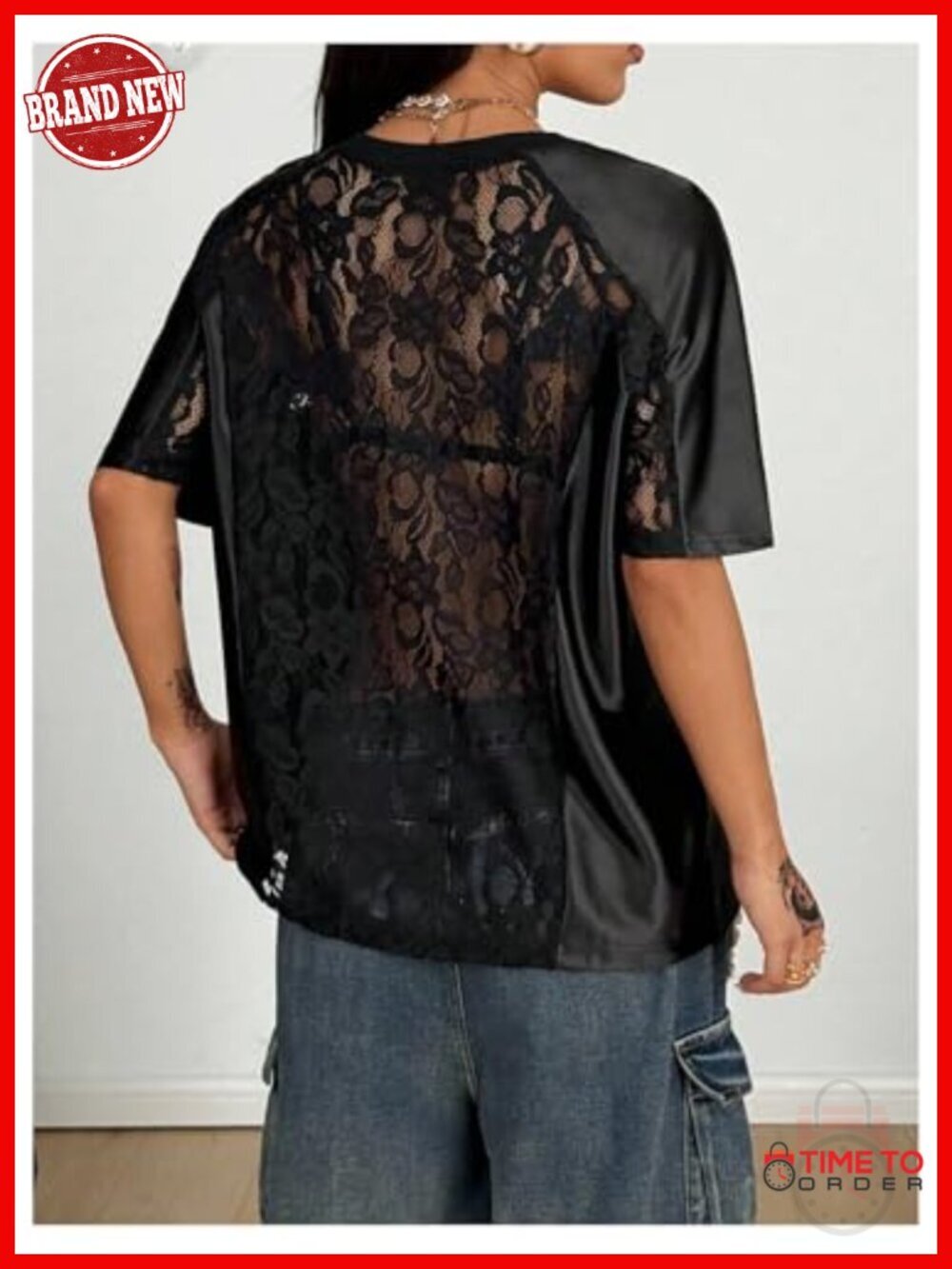 Sheer Mesh Lace Graphic T-Shirt V Neck Short Sleeve Oversized - Picture 2 of 4